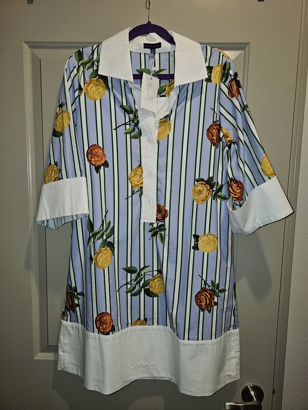 Floral Stripe Short-Sleeve Shirt Dress - Yellow & Brown Roses